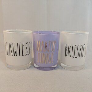 Rae Dunn 3 Set Makeup Junkie Brushes Glass Cup Holders Flawless White Purple